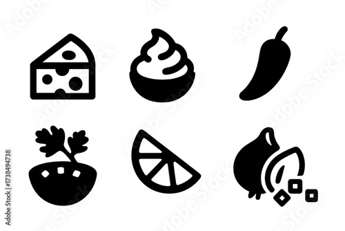 Refried Beans Condiments Icons. Solid, filled icon set of refried beans condiments: cheese, sour cream, jalapenos, cilantro, salsa, lime, avocado, onions.