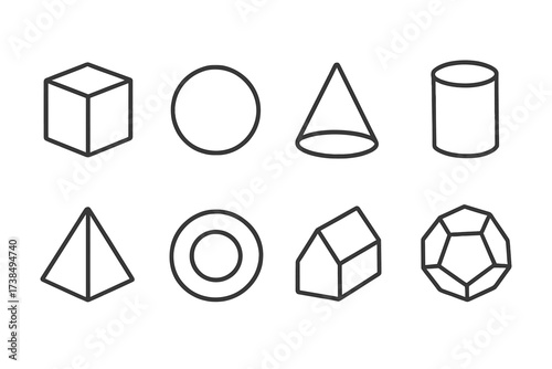 3D Geometric Icons. Outline icon set of 3D geometric solids: cube, sphere, cone, cylinder, pyramid, torus, prism, dodecahedron. Line icons in only black color,