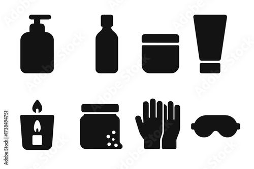 Soothing Touch Icons. Solid, filled icon set of soothing touch products: lotion bottle, body oil, balm jar, cream tube, scented candle, bath salts, eye mask,