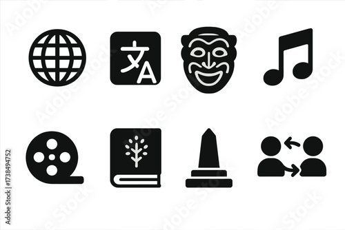 Cultural Influence Icons. Solid, filled icon set of cultural influence: globe, language icon, traditional mask, musical note, film reel, folklore book,