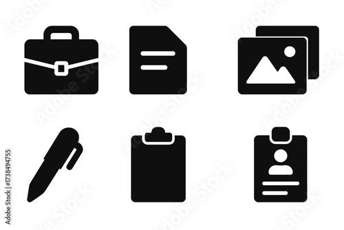 Portfolio Icon Set. Solid, filled icon set of portfolio presentation: briefcase, document, photo frame, gallery, pen, clipboard, laptop, resume. [Line icons in