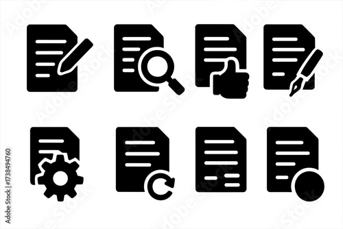 Contract Workflow Icons. Solid, filled icon set of contract workflow: draft, review, approval, signing, execution, monitoring, renewal, closure. Solid, filled