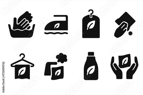 Silk Care Icons. Solid, filled icon set of silk care: hand washing, gentle ironing, silk storage, stain removal, silk drying, steaming silk, fabric softener,