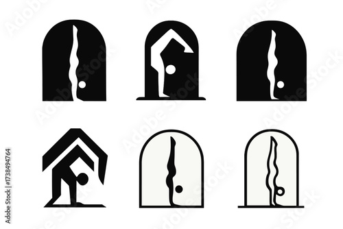Handstand Yoga Logos. A person performing a handstand in a yoga studio, building strength and balance. Set Logo of a person performing a handstand in a yoga