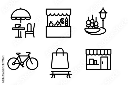 Spanish Lifestyle Icons. Outline icon set of Spanish daily life: cafe table, market stall, tapas plate, street lamp, bicycle, shopping bag, plaza bench,