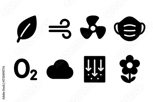 Air Purification Icons. Solid, filled icon set of air purification: leaf, wind swirl, fan, mask, oxygen molecule, cloud, filter, flower. [Line icons in only