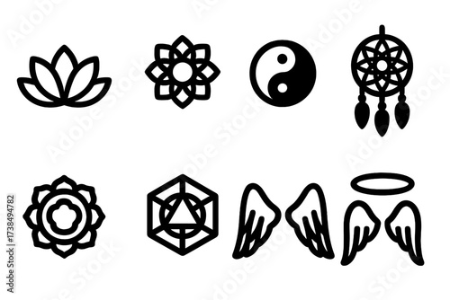Spiritual Symbol Icons. Solid, filled icon set of spiritual symbols: lotus flower, mandala, yin yang, chakra, dreamcatcher, sacred geometry, angel wings, halo.