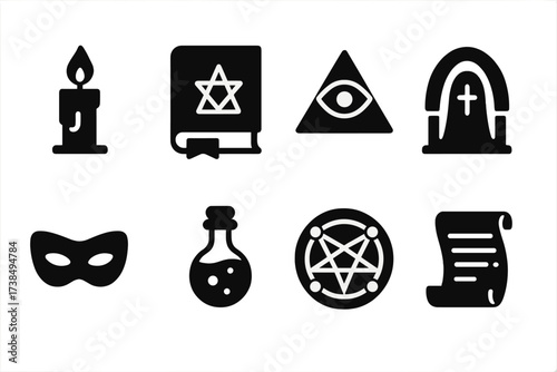 Mystical Ritual Icons. Solid, filled icon set of secret rituals: candle, ancient book, secret symbol, hidden altar, mask, potion bottle, mystical circle,
