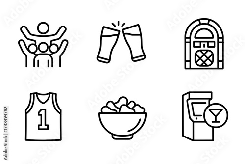 Bar Activities Icons. Outline icon set of bar activities: cheering crowd, clinking glasses, bar counter, jukebox, sports jersey, snack bowl, arcade game, neon