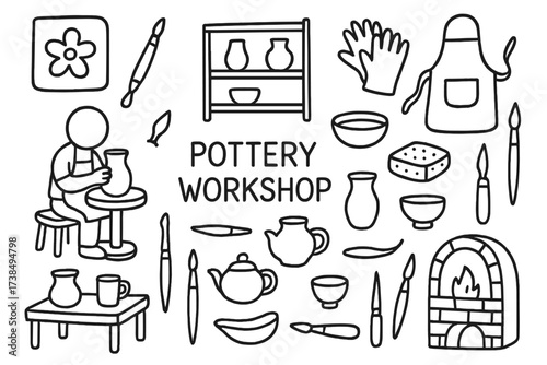 Pottery Workshop Doodles. Hand-drawn doodle illustration pottery workshop clay, potter?s wheel, sculpting tools, kiln, apron, gloves, paintbrush, water bowl,