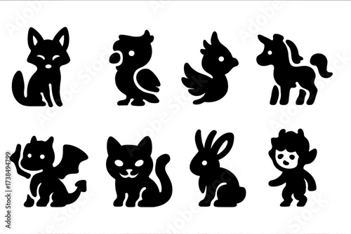 Mythical Animal Icons. Solid, filled icon set of mythical animal familiars: kitsune, griffin chick, tiny phoenix, unicorn foal, baby dragon, cheshire cat,