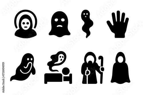 Ancestral Spirit Icons. Solid, filled icon set of ancestral spirits: glowing outline, spirit face, misty figure, hand from beyond, whispering ghost, dream