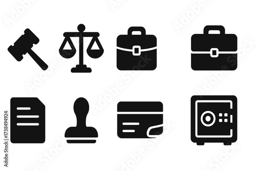 Liquidation Tools Icons. Solid, filled icon set of liquidation tools: gavel, scales of justice, briefcase, calculator, contract, stamp, checkbook, safe.