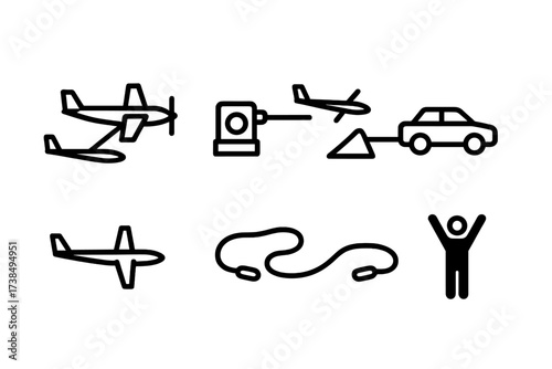 Glider Launch Icons. Solid, filled icon set of glider launch methods: aerotow plane, winch launch, bungee launch, car tow, self-launch motor, hill launch, tow