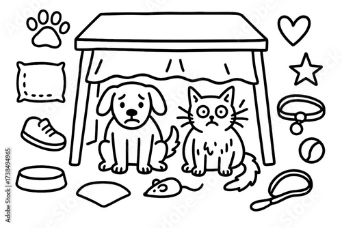 Scared Pet Doodle. Hand-drawn doodle illustration Scared pet under table table, cat, dog, paw print, blanket, cushion, chair, heart, shoe, ball, food bowl, toy