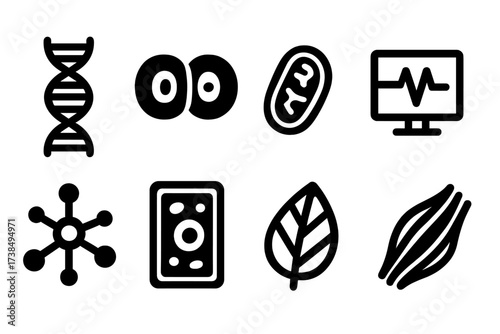 Biological Vitality Icons. Solid, filled icon set of biological vitality: DNA strand, cell division, mitochondria, heartbeat monitor, neural network, plant