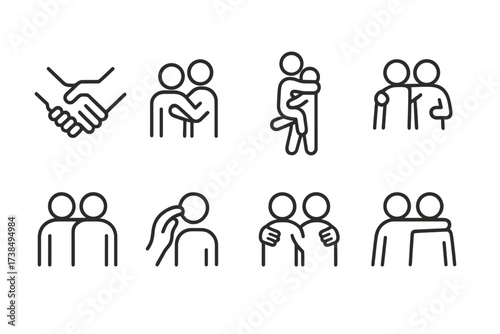 Hug and Support Icons. Outline icon set of hug and support: helping hand, shoulder support, emotional lift, cheering hug, teamwork embrace, caring gesture,