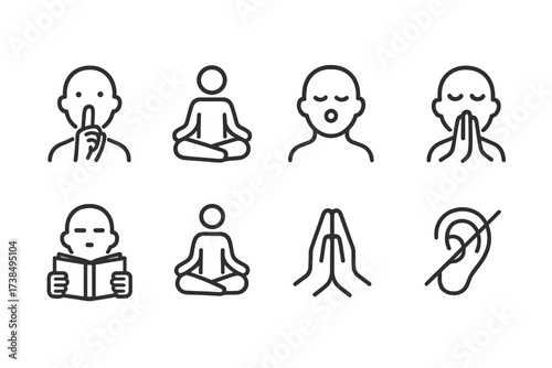 Silent Actions Icons. Outline icon set of silence-related actions: shushing, meditation, deep breath, reading, yoga pose, praying hands, closing eyes, ear with
