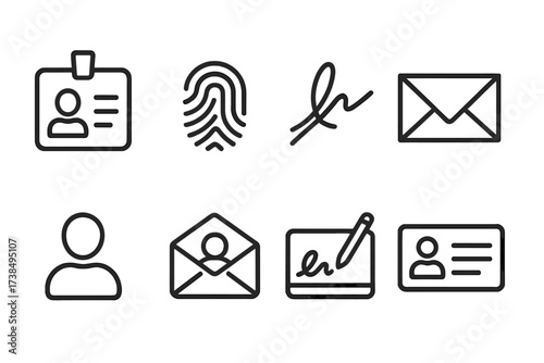 Sender Identification Icons. Outline icon set of sender identification: ID badge, fingerprint, personal signature, mailing label, profile avatar, return