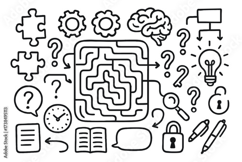 Complex Puzzle Elements. Hand-drawn doodle illustration complex conundrum maze, puzzle pieces, question marks, gears, brain, light bulb, flowchart, arrows,