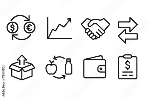 Financial Exchange Icons. Outline icon set of exchange: currency exchange, stock market, handshake, trade arrows, exchange box, bartering goods, digital