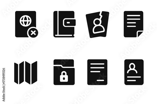 Lost Document Icons. Solid, filled icon set of found documents: lost passport, old diary, torn photograph, handwritten letter, folded map, secret file,