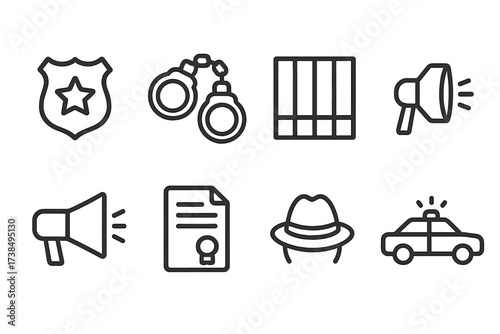 Gang Law Enforcement Icons. Outline icon set of gang law enforcement: police badge, handcuffs, jail cell, spotlight, megaphone, warrant, detective hat, police