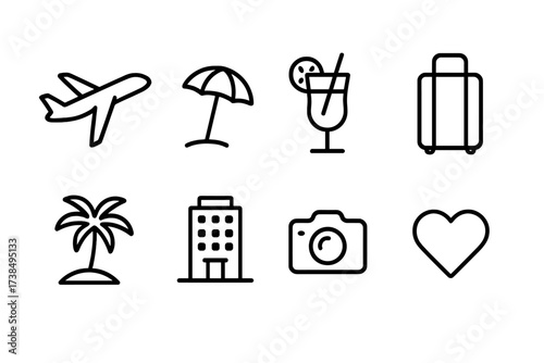 Honeymoon Icon Set. Outline icon set of honeymoon: airplane, beach umbrella, cocktail, suitcase, palm tree, hotel, camera, heart. Line icons in only black