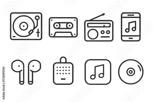 Music Devices Icons. Outline icon set of soft music listening devices: vinyl player, cassette tape, radio, smartphone with music, portable speaker, earbuds,