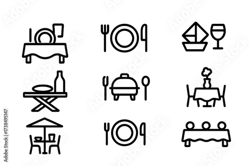 Napkin Settings Icons. Outline icon set of napkin settings: dining table, place setting, cocktail party, picnic setup, buffet line, restaurant table, outdoor