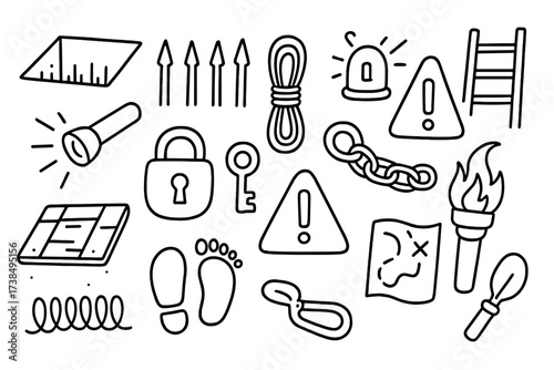 Doodle Pitfall Elements. Hand-drawn doodle illustration pitfall trap pit, spikes, rope, trapdoor, ladder, alarm, warning sign, flashlight, lock, key, chain,