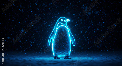Glowing Penguin Neon: A striking neon silhouette of a penguin radiates a captivating glow against a dark backdrop. The artwork showcases modern artistry with a touch of playful charm. 