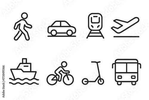 Transport Icon Set. Outline icon set of transportation movement: walking pedestrian, car on road, train on track, airplane takeoff, ship sailing, bike ride,