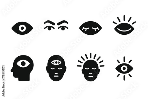 Black Third Eye Icons. Solid, filled icon set of inner vision: third eye, focused gaze, closed eyes with light, mind?s eye, forehead symbol, radiating face,