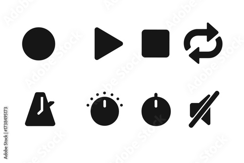 Beatmaker Icon Set. Solid, filled icon set of beatmaker workflow: record button, play button, stop button, loop toggle, tempo control, volume knob, pan knob,