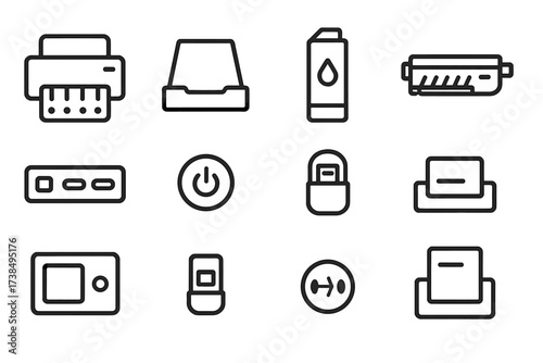 Printer Icon Set. Outline icon set of printer parts: print head, paper tray, ink cartridge, toner cartridge, control panel, power button, USB port, paper