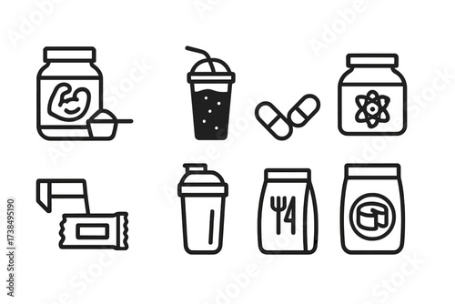 Protein Supplements Icons. Solid, filled icon set of protein supplements: protein powder, protein shake, amino acid capsules, creatine jar, protein bar, shaker