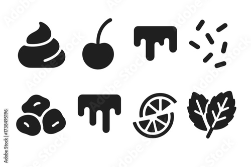 Dessert Toppings Icons. Solid, filled icon set of dessert toppings: whipped cream, cherry, chocolate syrup, sprinkles, nuts, caramel, fruit slices, mint