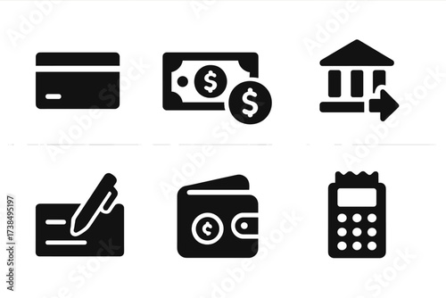 Payment Method Icons. Solid, filled icon set of client payment methods: credit card, cash, mobile payment, bank transfer, cheque, digital wallet, invoice, POS