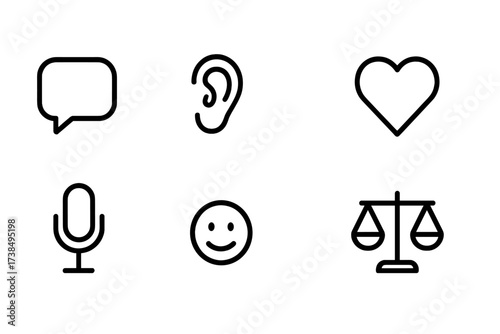 Respect Icon Set. Outline icon set of respect in communication: speech bubble, listening ear, handshake, heart, microphone, smiley face, quotation marks,