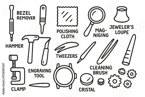 Watch Repair Tools. Hand-drawn doodle illustration bezel repair screwdriver, bezel remover, polishing cloth, magnifying glass, jeweler?s loupe, hammer,