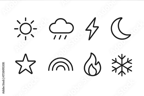 Mood Symbol Icons. Outline icon set of mood symbols: sunshine, cloud with rain, lightning bolt, crescent moon, star, rainbow, flame, snowflake. Line icons in
