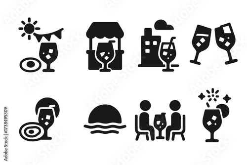 Spritz Occasion Icons. Solid, filled icon set of spritz occasions: summer party, beach bar, rooftop lounge, happy hour, brunch, sunset gathering, casual