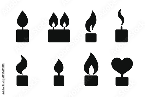 Candle Flame Icons. Solid, filled icon set of candle flames: single flame, double flame, flickering flame, extinguished flame, wind-blown flame, small flame,