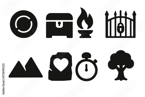 Symbols of Permanence. Solid, filled icon set of symbols of permanence: carved stone circle, sealed chest, eternal flame, locked gate, twin mountains, heart in