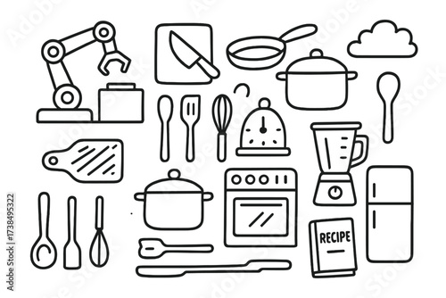 Cooking Automation Doodle. Hand-drawn doodle illustration Cooking automation robot arm, cutting board, knife, pan, pot, spoon, spatula, whisk, oven, stove,