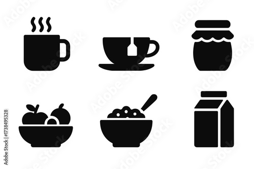Breakfast Icon Set. Solid, filled icon set of toast accompaniments: coffee mug, tea cup, butter dish, jam jar, honey pot, fruit bowl, cereal bowl, milk carton.