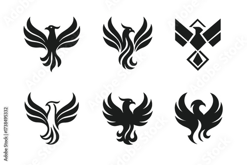Phoenix Logo Variations. cultural symbols in art. Set Logo of cultural symbols in art: phoenix. harmonious logo variations of the same emblematic concept, each