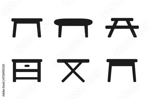 Table Icon Set. Solid, filled icon set of table types: dining table, coffee table, conference table, picnic table, bedside table, folding table, drafting