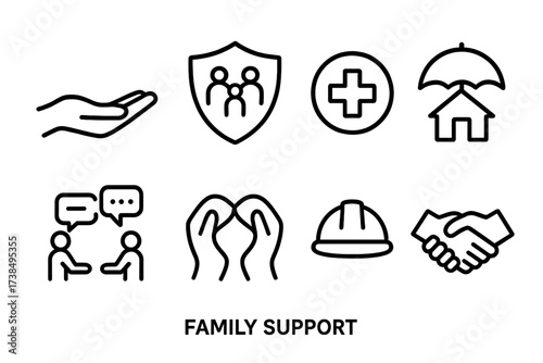 Family Support Icons. Outline icon set of family support: helping hand, shield, medical cross, home insurance, counseling, heart hands, safety